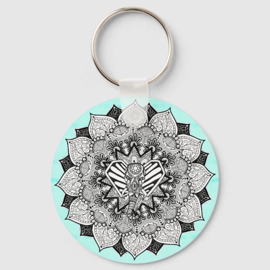 Boho Tangle Elephant en Hand Drawn Mandala Sleutelhanger (Voorkant)
