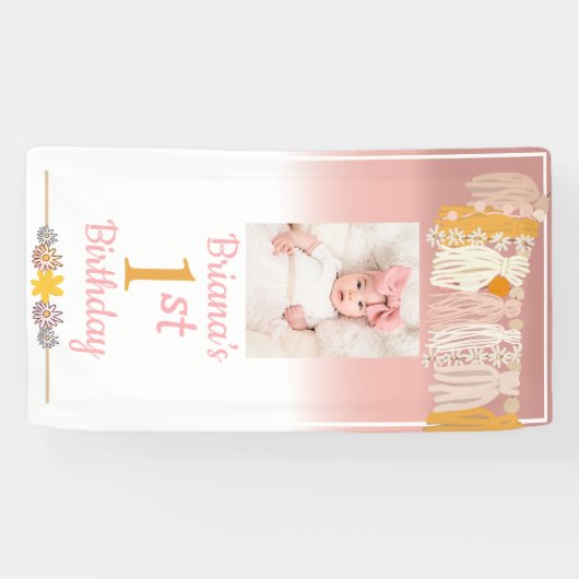 Boho Tassel Custom Photo Girls 1e verjaardag Spandoek (Horizontaal)