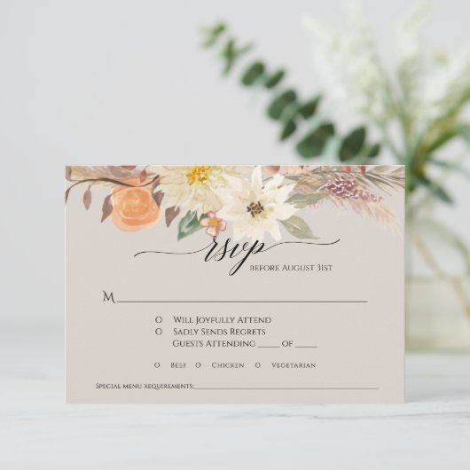 Boho Taupe Aardse Herfst Bloem Pampas Gras Bruilof RSVP Kaartje (Staand voorkant)