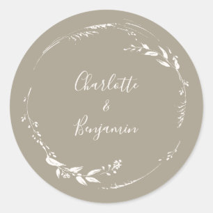 Boho Taupe Bloemenkrans Calligrafie Gepersonalisee Ronde Sticker