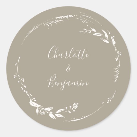 Boho Taupe Bloemenkrans Calligrafie Persoonlijk  Ronde Sticker (Voorkant)