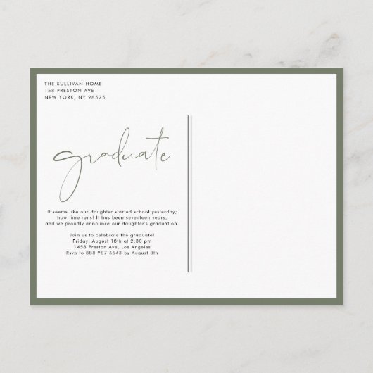 Boho Taupe Green Minimalist Arch Foto Afstuderen Uitnodiging Briefkaart (Achterkant)