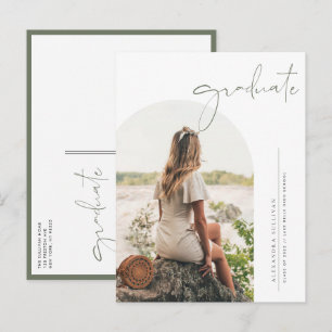 Boho Taupe Groen Minimalistische Boog Foto Afstude Uitnodiging Briefkaart