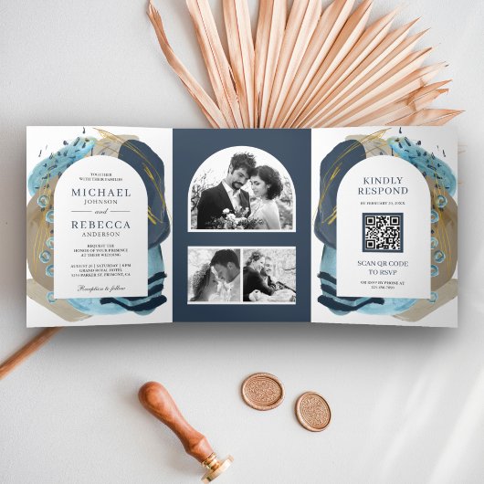 Boho Taupe Navy Blauwe Kwaststreken QR Code Bruilo Drieluik Uitnodiging