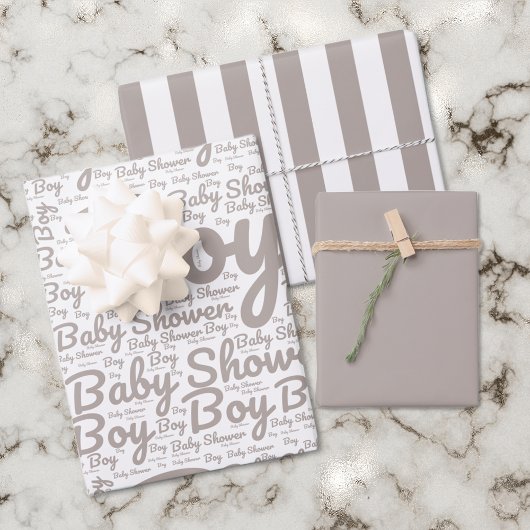 Boho Taupe Script Typografie Boy Baby shower Inpakpapier Vel