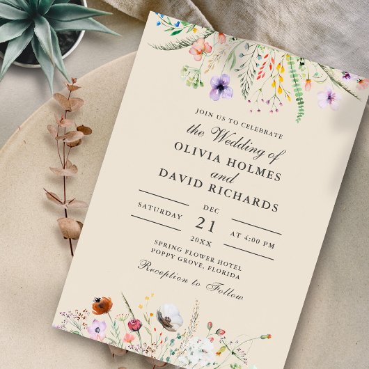 Boho Taupe Wildflower Meadow Bruiloft Kaart