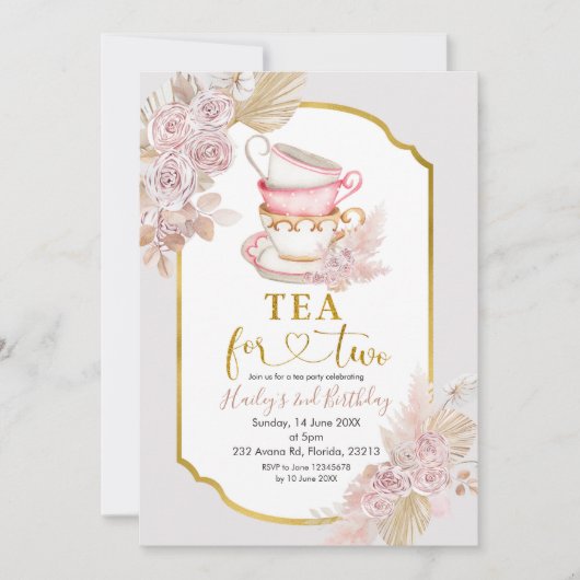 Boho Tea for Two Second Birthday Invitation Kaart (Voorkant)