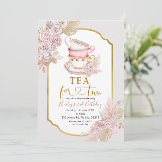 Boho Tea for Two Second Birthday Invitation Kaart (Staand voorkant)