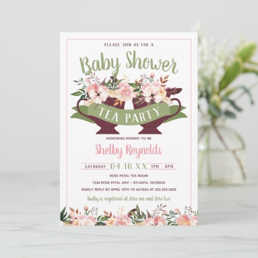 Boho Tea Party Baby shower Uitnodiging (Staand voorkant)