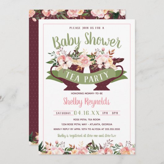 Boho Tea Party Baby shower Uitnodiging (Voorkant / Achterkant)