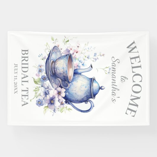 Boho Tea Pot Bloemen Blauw Vrijgezellenfeest Tea P Spandoek (Horizontaal)