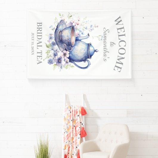 Boho Tea Pot Bloemen Blauw Vrijgezellenfeest Tea P Spandoek (Insitu)