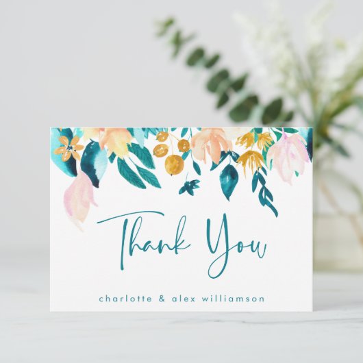 Boho Teal en Goud Waterverf Bloemstuk Aangepaste V Bedankkaart (Staand voorkant)
