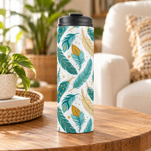 Boho Teal en Gouden Veren Thermosbeker