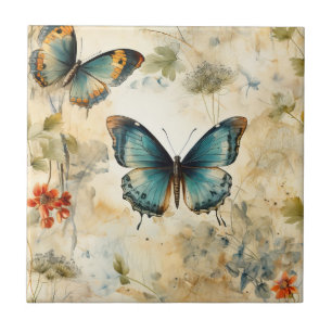 Boho Teal Vlinder Botanische Tuin Print Tegeltje