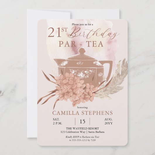 Boho Teapot Hydrangeas Pampas 21st Birthday Party Kaart (Voorkant)