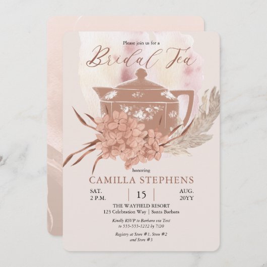 Boho Teapot | Hydrangeas | Pampas Grass Bridal Tea Kaart (Voorkant / Achterkant)