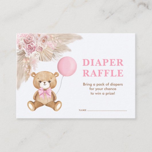 Boho Teddy Bear Baby Pink Balloon Diaper Raffle Informatiekaartje (Voorkant)