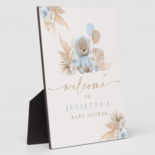 Boho Teddy Bear Baby shower Boy Blue Beer Welkom Fotoplaat (Zijkant)