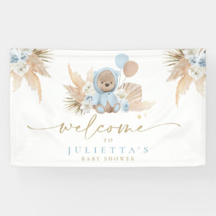 Boho Teddy Bear Baby shower Boy Blue Beer Welkom Spandoek
