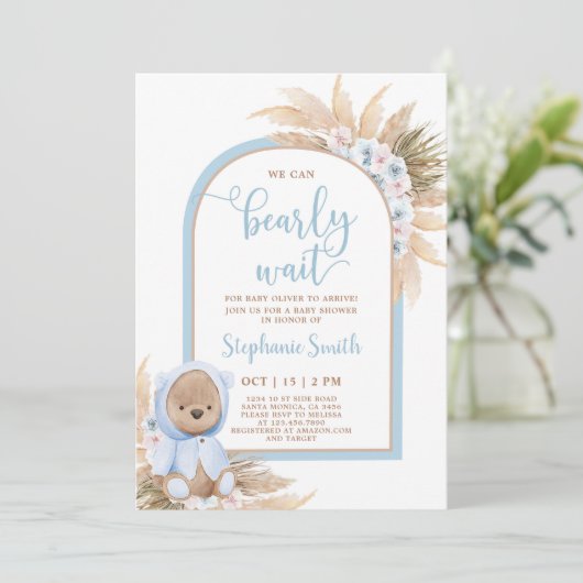 Boho Teddy Bear Baby shower Boy Uitnodiging (Staand voorkant)