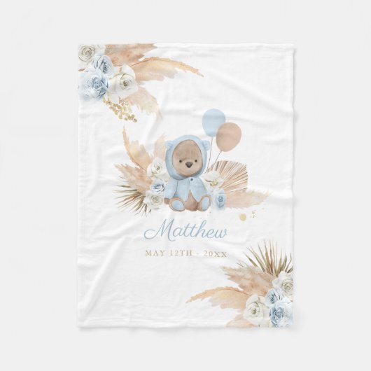 Boho Teddy Bear Baby shower Gift Boy Blue Beer Fleece Deken (Voorkant)