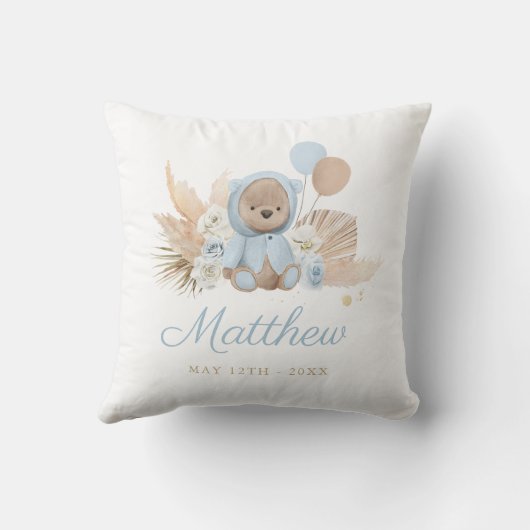 Boho Teddy Bear Baby shower Gift Boy Blue Beer Kussen (Achterkant)