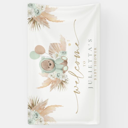 Boho Teddy Bear Baby shower Green Beer Welkom Spandoek (Verticaal)