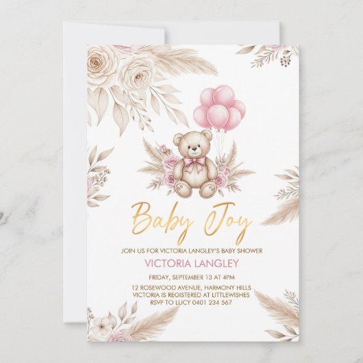 Boho Teddy Bear Baby Shower Invitation Kaart (Voorkant)