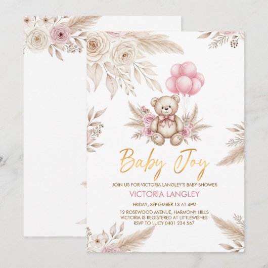 Boho Teddy Bear Baby Shower Invitation Kaart (Voorkant / Achterkant)