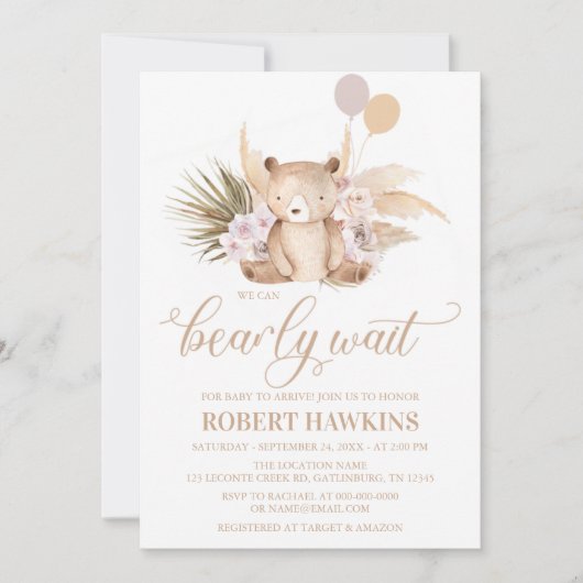 Boho Teddy Bear Baby shower Invitation Kaart (Voorkant)