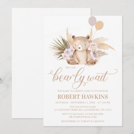 Boho Teddy Bear Baby shower Invitation Kaart (Voorkant / Achterkant)