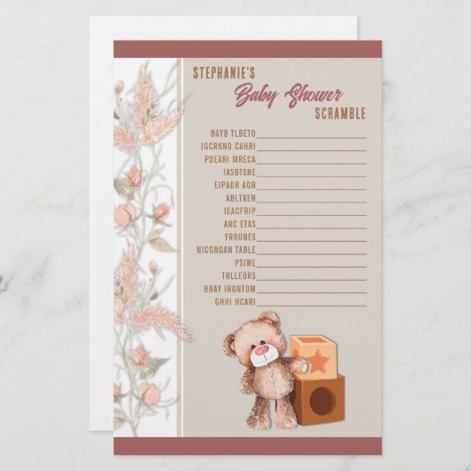 Boho Teddy Bear Baby shower Scramble Game Briefpapier (Voorkant / Achterkant)