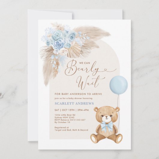Boho Teddy Bear Balloon Pampas Boy Baby shower Kaart (Voorkant)