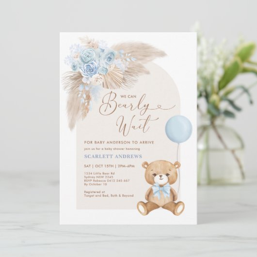 Boho Teddy Bear Balloon Pampas Boy Baby shower Kaart (Staand voorkant)