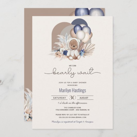 Boho Teddy Bear & Balloons Barly Wait Baby shower Kaart (Voorkant / Achterkant)