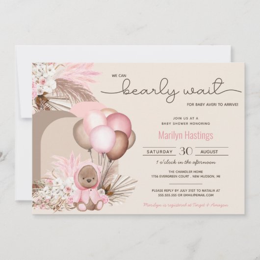 Boho Teddy Bear & Balloons Barly Wait Baby shower Kaart (Voorkant)