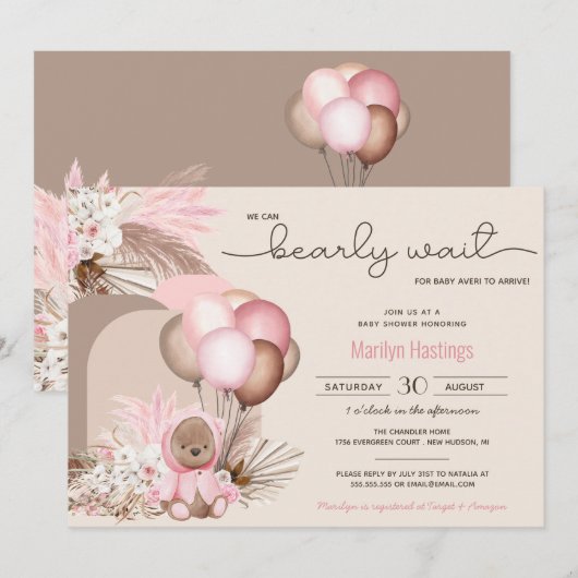 Boho Teddy Bear & Balloons Barly Wait Baby shower Kaart (Voorkant / Achterkant)