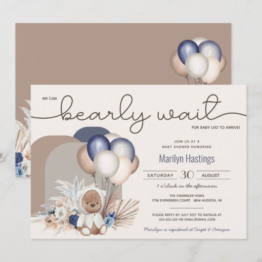 Boho Teddy Bear & Balloons Barly Wait Baby shower Kaart (Voorkant / Achterkant)