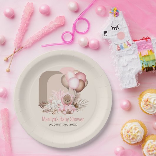 Boho Teddy Bear & Balloons Barly Wait Baby shower Papieren Bordje (Feest)