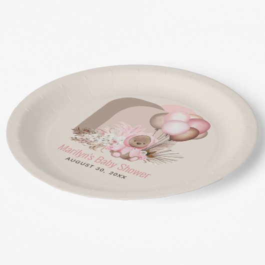 Boho Teddy Bear & Balloons Barly Wait Baby shower Papieren Bordje (Gekanteld)