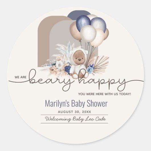 Boho Teddy Bear & Balloons Barly Wait Baby shower Ronde Sticker (Voorkant)