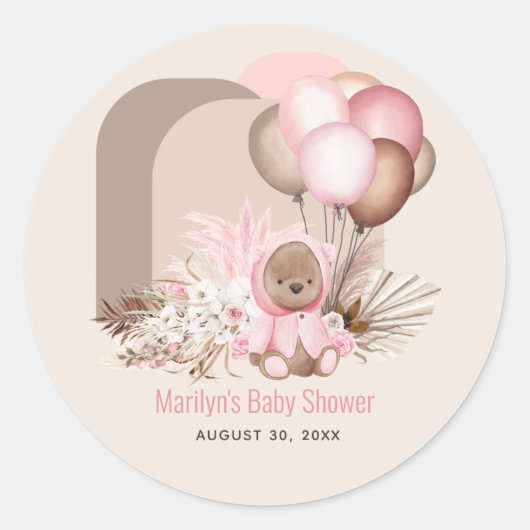 Boho Teddy Bear & Balloons Barly Wait Baby shower Ronde Sticker (Voorkant)