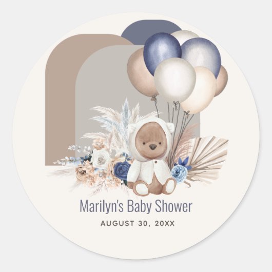 Boho Teddy Bear & Balloons Barly Wait Baby shower Ronde Sticker (Voorkant)