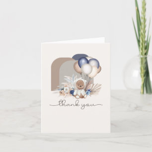 Boho Teddy Bear & Balloons - Blauw, bruin, neutraa Bedankkaart