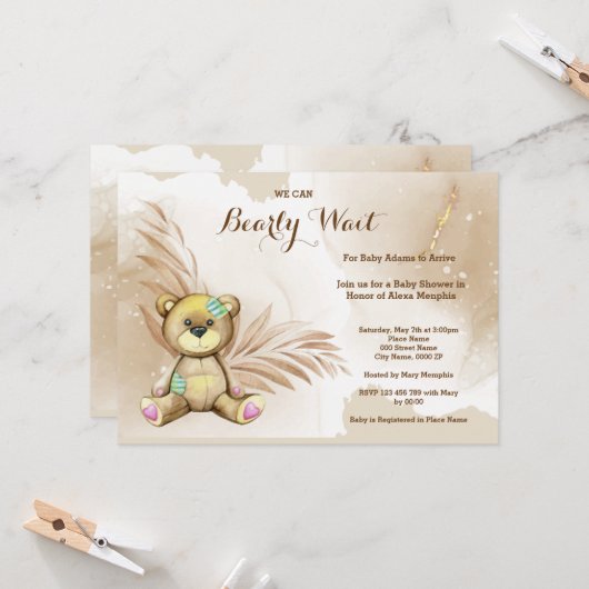 Boho Teddy Bear Barly Wait Baby shower Kaart (Voorkant / Achterkant in situ)