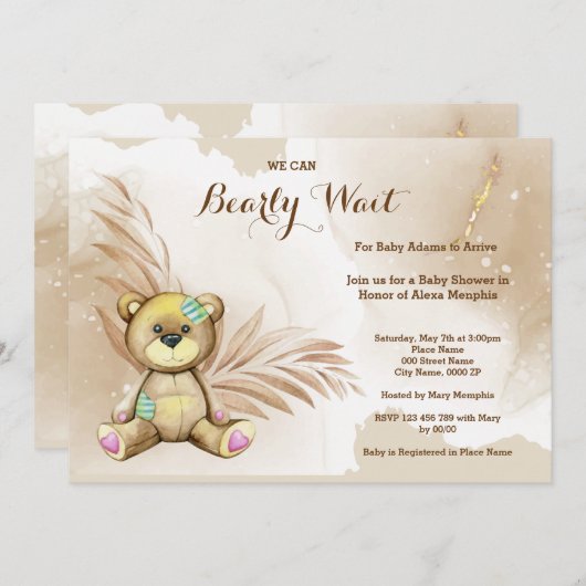 Boho Teddy Bear Barly Wait Baby shower Kaart (Voorkant / Achterkant)