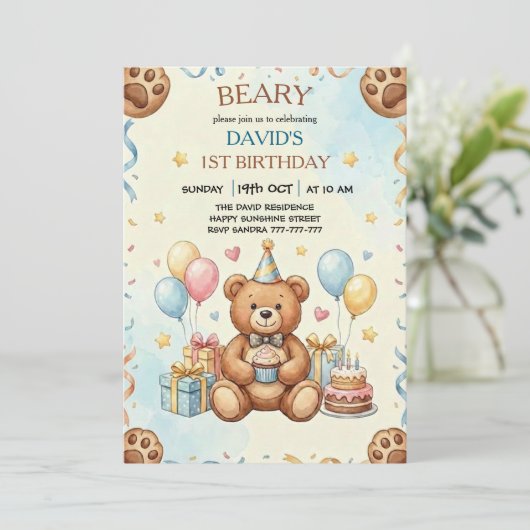Boho Teddy Bear Beary First 1st Birthday Party Kaart (Staand voorkant)