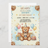 Boho Teddy Bear Beary First 1st Birthday Party Kaart (Voorkant / Achterkant)