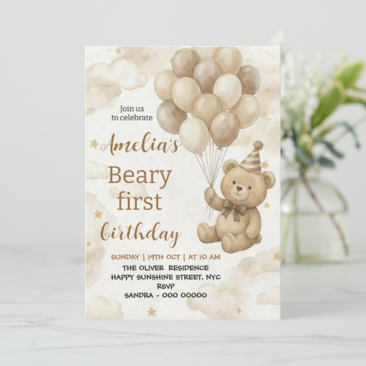 Boho Teddy Bear Beary First 1st Birthday Party Kaart (Staand voorkant)